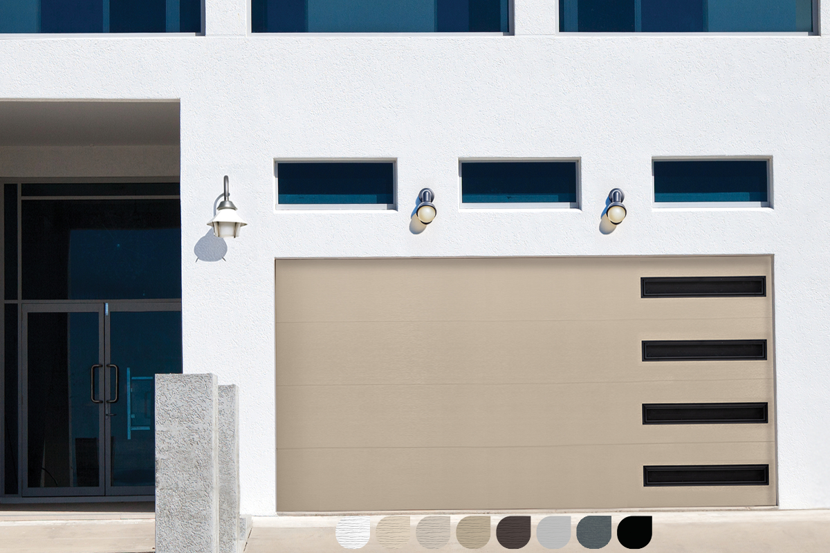Modern building exterior with beige garage door design