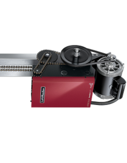 Red industrial door opener with motor and chain system.
